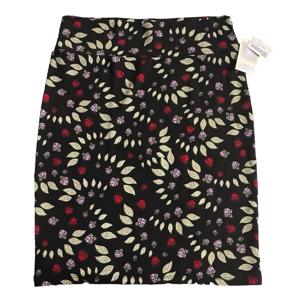 NWT LULAROE CASSIE Pencil Skirt Size 2XL Black Floral Leaf Stretch Knee